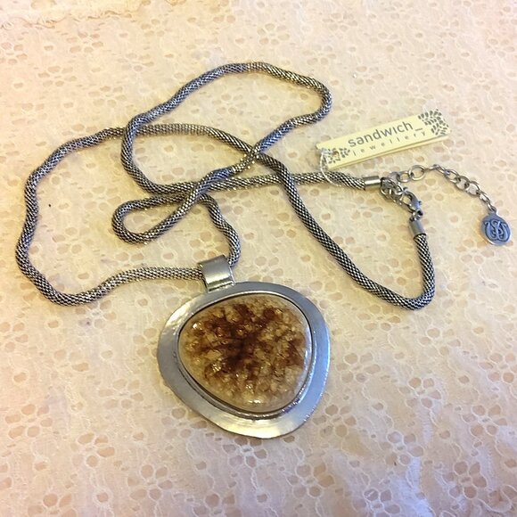 Vintage NEW sandwich jewellery Brown Clear Crystal Art Deco Silver Necklace - Picture 4 of 8